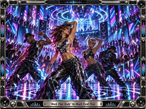 Kung Fu Hand Painting - A futuristic nightclub pulses with euphoric energy as four dancers command a glowing reflective floor beneath a giant mirrored sphere. Electric blue, magenta, violet, and silver lights streak through crowded balconies and speaker towers. Painterly textures, glossy metallic clothing, haze, neon reflections, and an intricate audio-inspired frame create a vivid, kinetic celebration.