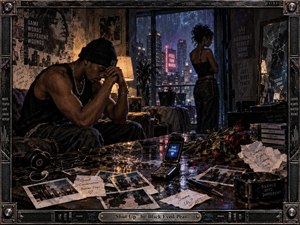 Kung Fu Hand Painting - A tense couple occupies a rain-soaked city apartment, separated by silence and emotional distance. Cool blue neon from the skyline contrasts with warm lamplight, illuminating scattered photographs, wilted roses, a flip phone, headphones, and broken glass. The gritty, cinematic realism and industrial frame heighten the fractured, late-night atmosphere.
