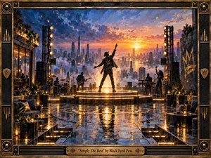 Kung Fu Hand Painting - A triumphant performer stands on a glowing rooftop stage above a futuristic city at sunset, surrounded by musicians, towers, and warm reflections on polished stone. Deep blues, fiery golds, and amber light create an uplifting, celebratory mood. Richly textured painterly details, dramatic clouds, metallic framing, and illuminated architecture give the scene cinematic grandeur.