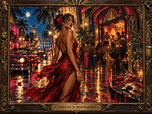 Kung Fu Hand Painting - A glamorous woman in a flowing crimson dress dominates a moonlit tropical boulevard alive with vintage cars, dancers, palms, and a glowing nightclub. Saturated reds, golds, and deep blues shimmer across rain-slick pavement. Painterly textures, dramatic lantern light, and an ornate bronze musical frame create a sensual, exuberant, cinematic atmosphere.