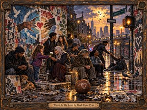 Kung Fu Hand Painting - A richly textured mixed-media urban tableau shows a diverse group gathered on rain-slick steps beneath a weathered mural of reaching hands and a red heart. Golden sunset light glows across wet streets, distant towers, and reflective puddles, while the ornate speaker-studded frame and title plate reinforce the artworks soulful, hopeful, street-art character.
