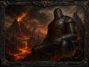 An immense iron warrior rests above a volcanic kingdom of lava rivers, erupting mountains, ruined bridges, and blackened towers. Glowing embers reflect across its scarred armor while smoke darkens the horizon. The ornate heat-forged frame transforms the scene into a brooding portrait of isolation, destructive power, endurance, and inevitable revenge.