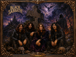 Four solemn rock musicians gather beneath a weathered stone cross in a haunted wilderness of skulls, ruined towers, twisted trees, and storm-dark skies. A hooded figure watches from the distance while a winged creature circles overhead. The ornate bronze frame strengthens the paintings vintage gothic album-cover character.