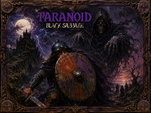 A frightened armored warrior crouches behind a battered shield as a gigantic skeletal reaper reaches from the shadows. Lightning splits the purple night above a moonlit castle, barren trees, and distant hooded figures. The scene expresses paranoia as an overwhelming supernatural force closing in from every direction.