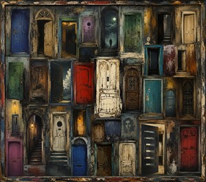 Dozens of weathered doors form a towering architectural patchwork of color, shadow, and hidden passageways. Some reveal staircases, moonlit skies, glowing rooms, or distant figures, while others remain locked and silent. Distressed paint, dark corridors, and fragmented architecture create an intense visual metaphor for uncertainty, memory, loneliness, and unrealized opportunity.