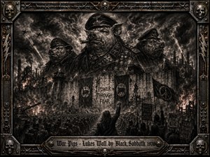 A grim charcoal battlefield unfolds beneath three towering pig-faced generals in decorated military uniforms, looming over a fortified wall, marching soldiers, tanks, fires, and defiant protesters. Dense smoke and storm clouds create oppressive darkness, while ember highlights sharpen the drama. A rusted metal frame with skulls and barbed wire completes the ominous anti-war vision.