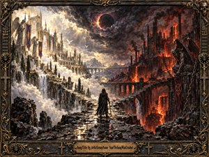 A solitary cloaked figure stands on a fractured stone path between radiant cathedral towers and a burning gothic fortress. Golden-white clouds, waterfalls, and birds contrast with crimson fire, smoke, chains, and gargoyles beneath a dark eclipse. The dramatic oil-painted scene feels ominous, mythic, and conflicted, framed in ornate blackened metal.