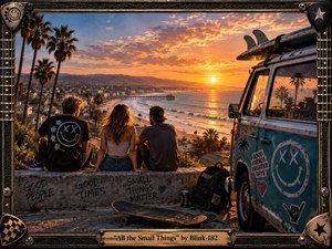 Three friends sit on a sunlit overlook above a palm-lined beach town, facing a glowing orange ocean sunset beside a weathered teal van layered with stickers and surfboards. The mood is youthful, nostalgic, and carefree. Warm golden light, coastal depth, punk-pop details, graffiti, and a guitar-inspired decorative frame enrich the scene.
