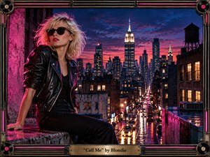 A platinum-blonde woman in black leather overlooks a rain-slicked nighttime city glowing with neon pink, blue, and amber reflections. The cinematic 1980s atmosphere feels stylish, restless, and electric, with dramatic skyline depth, wet streets, vintage urban architecture, and luminous traffic. An ornate metallic frame with vinyl-record corners completes the retro design.