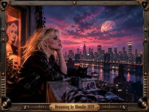 A windswept blonde woman in black leather dreams above a glowing city river, framed by a moonlit magenta sky, bridges, towers, and shimmering reflections. Warm window light, a black cat, scattered records, and nostalgic photographs deepen the intimate retro mood, while the ornate metallic music-themed frame adds handcrafted glamour.