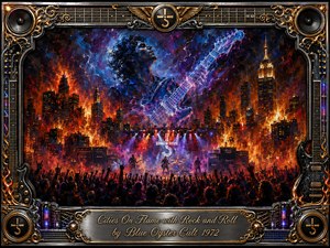 Kung Fu Hand Painting - A fiery city erupts around a thunderous rock concert, where a spectral guitarist towers above blazing skyscrapers and a surging crowd. Vivid oranges, reds, electric blues, and purples glow through smoke and stage lights. Thick, impressionistic paint textures enhance the apocalyptic energy, framed by ornate chrome, gold, guitars, speakers, and engraved musical details.