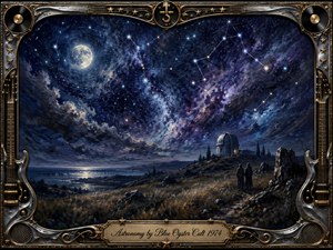 Kung Fu Hand Painting - A richly textured oil-painted nightscape unfolds beneath a vast indigo and violet sky, where glowing constellations, a luminous moon, and swirling cosmic clouds dominate the scene. Two cloaked figures face a distant observatory above moonlit fields and water, framed by ornate chrome, gold, guitar-string, star, record, and speaker motifs.