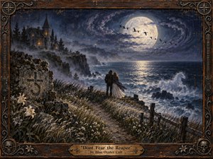Kung Fu Hand Painting - A solitary couple stands on a windswept moonlit cliff above a restless sea, facing a luminous full moon beneath swirling indigo clouds. A distant Gothic mansion, white lilies, weathered stone, and circling birds deepen the haunting romance. Rich oil-paint textures, silver-blue light, and an ornate carved frame create timeless, melancholic drama.