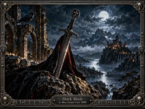A massive weathered black sword dominates a moonlit mountain landscape, rising from jagged rocks draped in dark crimson cloth. Ruined stone arches, a raven, misty water, and a distant illuminated castle deepen the ominous fantasy mood. Cold blue-gray light, metallic textures, and an ornate gothic frame create a dramatic, handcrafted rock-album aesthetic.