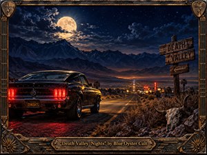 A weathered black muscle car overlooks a moonlit desert highway stretching toward a distant glowing town beneath rugged mountains. Deep blues, amber lights, red taillights, and dramatic clouds create a brooding nocturnal mood. Detailed rock-poster realism, a rustic Death Valley sign, skull, motel neon, and ornate metallic frame enrich the scene.