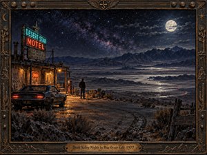 A solitary traveler stands beside a weathered desert motel and vintage car, overlooking a vast moonlit valley beneath a star-filled sky. Warm amber neon contrasts with deep indigo, silver, and rust tones. Textured painterly surfaces, distant mountains, winding lights, and an ornate aged-metal frame create a haunting, cinematic 1970s atmosphere.