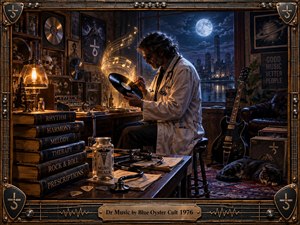 A mysterious doctor of music studies a glowing vinyl record in a richly cluttered nighttime studio, surrounded by guitars, amplifiers, old books, medical instruments, and a sleeping cat. Warm amber lamplight contrasts with cool moonlit blues, creating a theatrical, mystical mood within a detailed vintage-rock fantasy painting and ornate metallic frame.