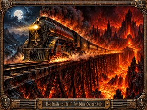 A powerful black steam locomotive charges across a towering iron trestle above rivers of molten lava, framed by jagged volcanic cliffs and a fiery fortress. Cool moonlight contrasts with blazing orange heat, while smoke and sparks intensify the danger. The richly detailed digital painting is enclosed by an ornate metallic, guitar-inspired frame.