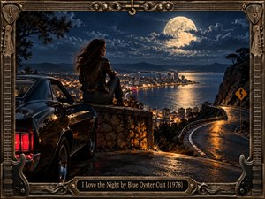 A lone woman beside a black vintage car overlooks a glowing coastal city beneath a dramatic full moon. Wet mountain roads curve through the foreground, reflecting amber lights against deep blue night skies. Richly realistic textures, cinematic lighting, distant water, rugged cliffs, and an ornate guitar-themed metal frame create a romantic, mysterious rock atmosphere.