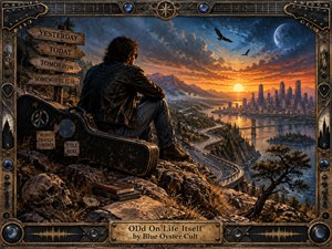A solitary musician sits beside a weathered guitar case on a rocky overlook, facing a glowing city beyond winding roads, mountains, and water. Dramatic sunset light meets deep blue night, creating a reflective, restless mood. Richly detailed painted textures, aged signs, symbolic objects, birds, and an ornate metallic frame reinforce themes of time, choice, and mortality.