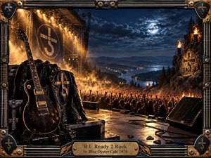 A dramatic nighttime rock concert overlooks a moonlit mountain lake as a roaring crowd fills the valley below. Warm amber stage lights cut through smoke against deep blue clouds, while a worn black guitar, leather jacket, cables, and road gear anchor the foreground. An ornate metal-and-wood frame reinforces the rugged 1970s atmosphere.