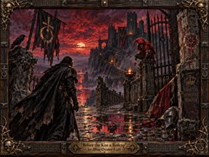A lone dark-cloaked traveler approaches a forbidding cliffside fortress beneath a blood-red sunset, while a sinister red-hooded figure crouches beside the iron gate. Wet cobblestones mirror crimson light, ravens, torn banners, braziers, and occult markings intensify the menace. Rich painterly textures, aged metalwork, and an ornate gothic frame complete the ominous scene.