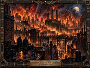 A blazing industrial city stretches beneath a smoke-darkened night sky, its rooftops, bridges, and factories glowing with fierce orange firelight. Two silhouetted figures watch from a rain-slick rooftop as embers rise around towering chimneys. Rich oil-like textures, deep blacks, molten reds, and an ornate rock-inspired metal frame create a dramatic, apocalyptic mood.