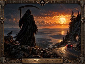 A hooded reaper stands on a rocky overlook above a winding mountain road, watching a vintage car disappear toward a glowing horizon. Fiery gold light contrasts with deep blue shadows, reflective water, storm clouds, and dark pines. Ornate guitar-inspired metal framing, skull details, and a weathered title plate enhance the dramatic handcrafted rock-fantasy atmosphere.