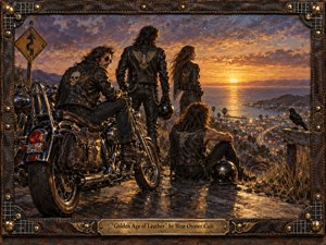 Leather-clad riders and chrome motorcycles gather on a coastal overlook at sunset, watching a glowing town and distant ferris wheel below. Warm amber light contrasts with violet-blue dusk, creating a nostalgic, rebellious mood. Rich oil-and-encaustic textures, weathered leather, brass details, road signs, and a raven enhance the handcrafted vintage-rock atmosphere.