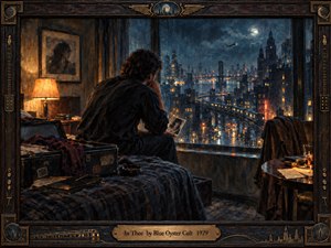 A solitary man sits in a dim hotel room, holding a photograph while gazing across a rain-soaked city at night. Warm amber lamplight contrasts with cool blue streets, moonlit clouds, bridges, and distant towers. Painterly textures, an open suitcase, scattered papers, and an ornate bronze-and-wood frame deepen the wistful, cinematic mood.