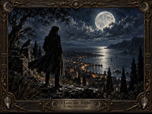 A solitary figure in a windswept dark coat overlooks a moonlit coastal town, framed by a raven, twisted trees, and distant cliffs. Deep indigo and silver tones contrast with warm amber lights below, creating a haunting romantic mood. Rich painterly textures and ornate bronze-and-wood framing evoke classic gothic rock artwork.
