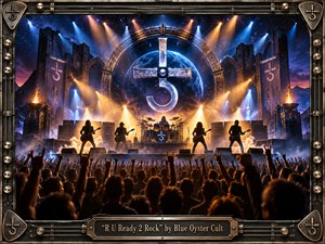 A thunderous arena concert unfolds beneath a cosmic blue sky, with five silhouetted musicians framed by towering amplifiers, gothic structures, flames, and sweeping gold-and-blue spotlights. A monumental metallic symbol dominates the backdrop while an energized crowd fills the foreground. The ornate guitar-inspired metal frame reinforces the images theatrical, hard-rock intensity.