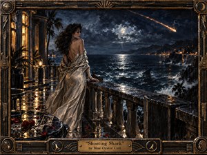 A solitary woman in a flowing ivory gown stands on a rain-slick seaside terrace beneath a stormy moonlit sky. A fiery meteor streaks above dark waves where a shark fin cuts the water. Deep blues, silver reflections, amber lights, roses, and ornate bronze framing create a cinematic, romantic, ominous oil-painted atmosphere.