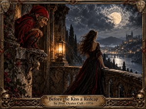 A gothic moonlit balcony overlooks a glowing medieval city and river, framed by weathered stone, ironwork, vines, and skull ornaments. A mysterious woman in a black and crimson gown stands beneath the full moon while a red-capped figure crouches nearby. Amber lantern light contrasts with cool blue shadows, creating romantic, sinister tension.
