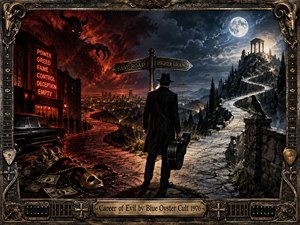 A lone musician stands at a moonlit crossroads, guitar case in hand, facing a choice between a fiery city of power and temptation and a cold mountain path toward ancient ruins. Gothic blues, crimson clouds, and silver moonlight create a tense atmosphere, enclosed by an ornate, weathered frame with guitar hardware and engraved metalwork.