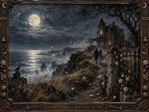 A moonlit coastal path winds toward a shadowed Victorian house, where two figures walk together beneath a luminous full moon. Silver-blue seas, windblown grasses, white roses, drifting petals, and distant mist create a haunting yet tender mood. Textured painterly surfaces and an ornate bronze musical frame evoke gothic 1970s album art.