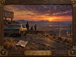 A weathered 1970s car and three quiet figures overlook a vast desert valley at sunset, framed by cracked asphalt, scrub, and fading roadside signs. Glowing orange and violet light washes the distant mountains and long highway below. Rendered as a richly textured, handcrafted painting, the scene feels nostalgic, ominous, lonely, and cinematic.