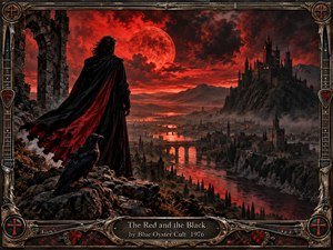 A dark, cinematic fantasy landscape depicts a cloaked figure overlooking a vast city, blood-red river, distant mountains, and a towering black castle beneath a glowing crimson moon. A raven watches from the rocky foreground. Deep reds, blacks, and bronze dominate the scene, with dramatic stormlight, textured stone, and an ornate metallic frame creating a gothic, handcrafted album-art aesthetic.