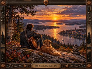 A denim-clad guitarist and golden dog overlook a glowing autumn lake at sunset, surrounded by rugged stone, fiery foliage, forested islands, and a distant town. Warm amber light and dramatic clouds create a reflective, hopeful mood. Rustic wood, metal hardware, guitar strings, maple leaves, and a brass title plate form the handcrafted frame.