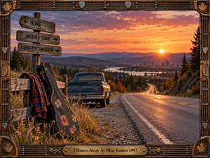 A weathered pickup and guitar case rest beside a winding highway overlooking a river city at glowing sunset. Rustic signposts, autumn trees, distant mountains, and warm orange light create a nostalgic, reflective mood. A handcrafted wood and guitar-string frame with maple details reinforces the richly textured Americana-inspired scene.