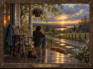 A solitary figure sits on a weathered farmhouse porch after rain, gazing across glowing fields toward a distant town and lake at sunset. Warm gold light reflects in puddles beneath dramatic clouds, while lilacs, worn boots, rustic wood, and a resting dog deepen the nostalgic, bittersweet mood of this richly textured painting.