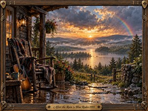 A rustic cabin porch overlooks a tranquil lake and misty mountains after a storm, glowing beneath a dramatic golden sunset and faint rainbow. A rocking chair, acoustic guitar, lantern, flowers, and rain-slicked boards create a reflective, hopeful mood, framed by handcrafted wood, metal strings, musical ornaments, and maple accents.