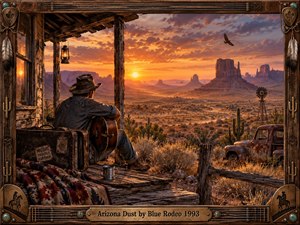 A solitary guitarist rests on a weathered porch overlooking a vast Arizona desert glowing beneath a fiery sunset. Rusted trucks, cacti, mesas, a windmill, and an old lantern deepen the nostalgic Western mood. Rich amber light, rugged textures, and an ornate wood-and-metal frame create a handcrafted, cinematic atmosphere.