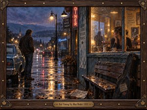 A rain-soaked small-town street glows with amber diner light and reflected neon as a solitary man stands beside an old car, separated from a woman watching through the window. Deep blues, warm golds, wet pavement, fallen leaves, and painterly textures create a wistful, cinematic mood of distance, regret, and missed connection.