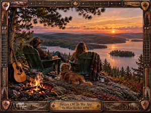 A couple rests in Adirondack chairs with their golden dog beside a glowing campfire, overlooking a broad island-dotted lake at sunset. Warm orange light washes across rugged stone, forested hills, and calm water. A richly detailed rustic guitar-inspired wooden frame and engraved brass title plate complete the nostalgic scene.