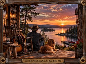 A solitary man and golden retriever rest on a rustic cabin porch overlooking a tranquil lake at sunset. Warm orange light fills the reflective water and wooded hills, while an acoustic guitar, lantern, canoe, flowers, and weathered timber create a nostalgic country atmosphere within an ornate guitar-string frame.