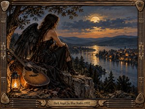 A dark-winged woman sits on a rocky overlook above a moonlit river town, accompanied by a weathered acoustic guitar and glowing lantern. Warm amber lights contrast with deep blue mountains and dramatic clouds, creating a reflective, haunting mood. Rich painterly textures and an ornate guitar-string frame complete the atmospheric scene.