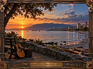A glowing sunset spreads across English Bay, where sailboats and distant ships drift beneath dark mountain silhouettes and a luminous waterfront skyline. An acoustic guitar rests beside an empty bench, suggesting reflection and longing. Warm amber light, cool blue shadows, rugged driftwood, and an ornate wooden frame create nostalgic handcrafted realism.