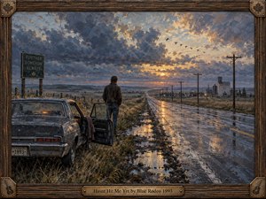 A solitary man stands beside an aging car on a rain-slick prairie highway at dusk, facing a distant town beneath turbulent blue-gray clouds and fading gold light. Reflective pavement, telephone poles, grain elevators, and migrating birds create a melancholy sense of distance, regret, and unresolved realization in richly textured oil paint.