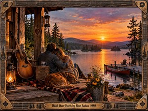 A richly detailed painterly lakeside scene at sunset shows a couple embracing on a weathered cabin porch beside a resting golden dog and acoustic guitar. Warm amber light glows across the water, mountains, forest, dock, and red canoe, while a rustic carved frame and aged brass title plate reinforce nostalgic Canadian country-rock atmosphere.